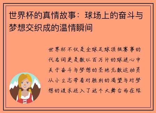 世界杯的真情故事：球场上的奋斗与梦想交织成的温情瞬间